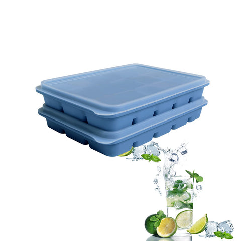 Tvmania blue ice cube trays with lid for easy release and compact freezer storage.