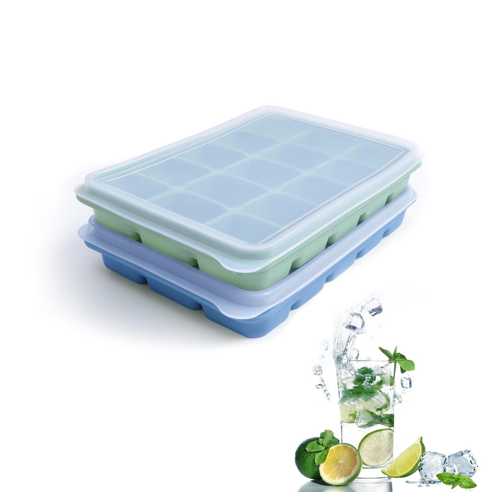 Tvmania ice cube trays two-pack with blue-green lids for versatile freezing.