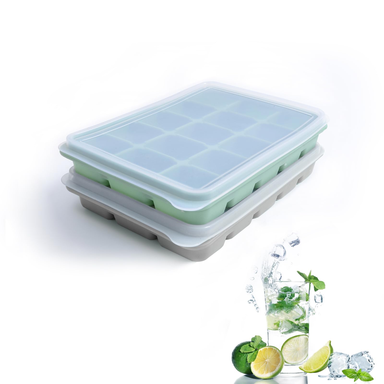 Tvmania ice trays set of 2 with green and gray lids for easily stacked ice.