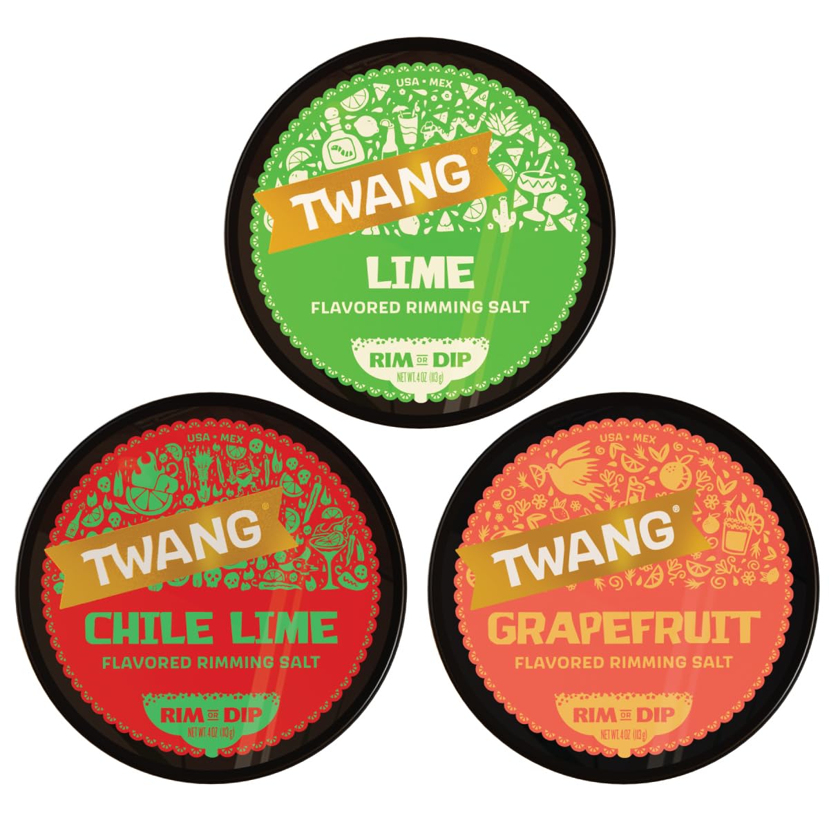 Twang Lime rimming salt on a glass rim for bright citrus flavor.