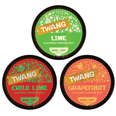 Twang Lime rimming salt on a glass rim for bright citrus flavor.