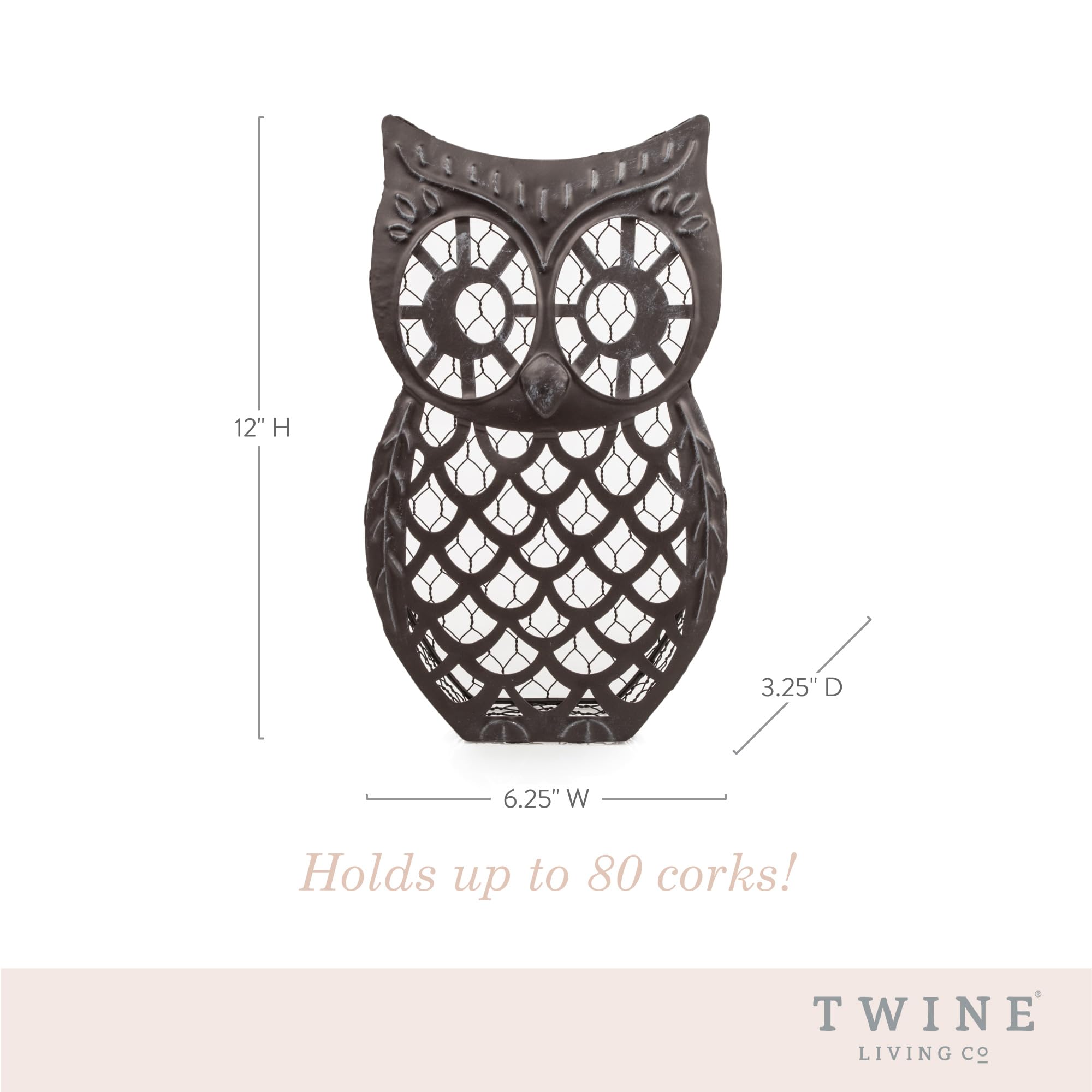 Twine Wise Owl Cork Holder distressed metal texture adds rustic charm