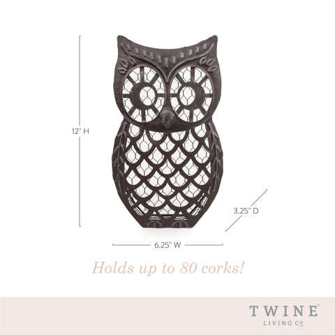 Twine Wise Owl Cork Holder distressed metal texture adds rustic charm