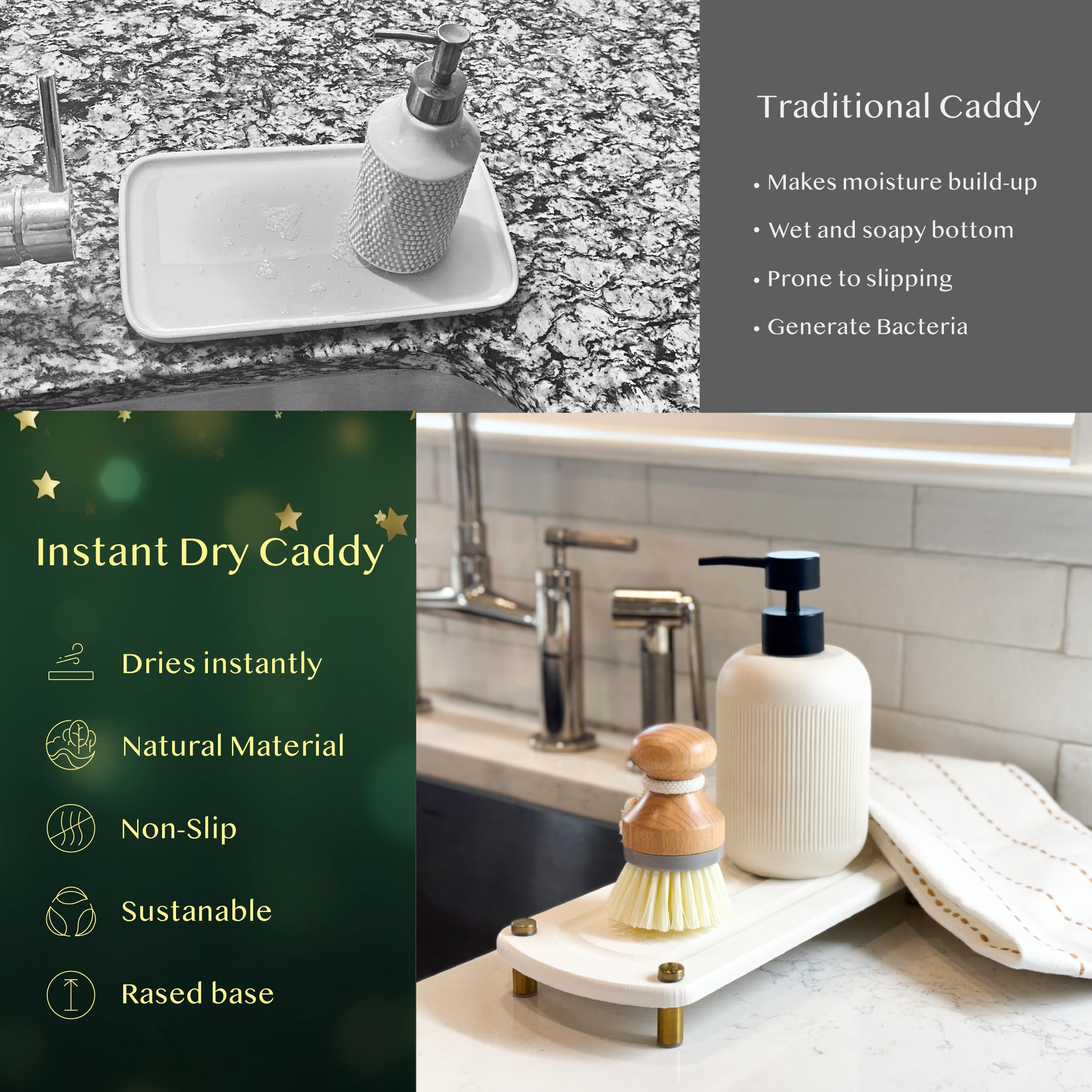 TWINKLE MOMENT elevated stone tray with gold legs enhances airflow and drying