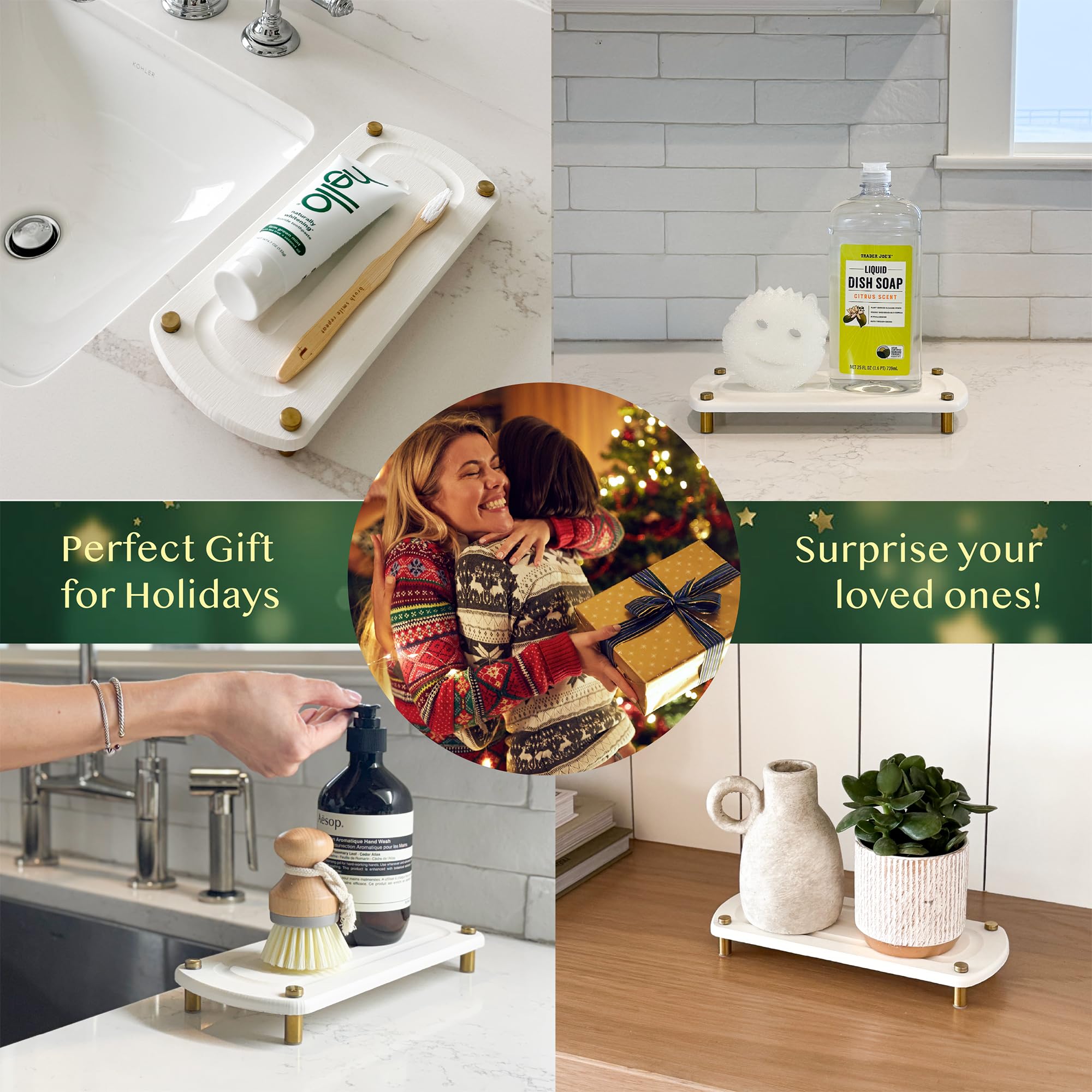 TWINKLE MOMENT white tray with gold legs adds style to vanity and sink