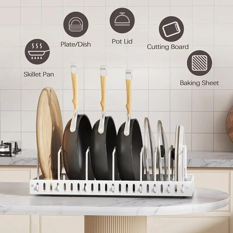 Two-pack pull-out pots and pans organizer rack, cabinet side view with smooth glide.