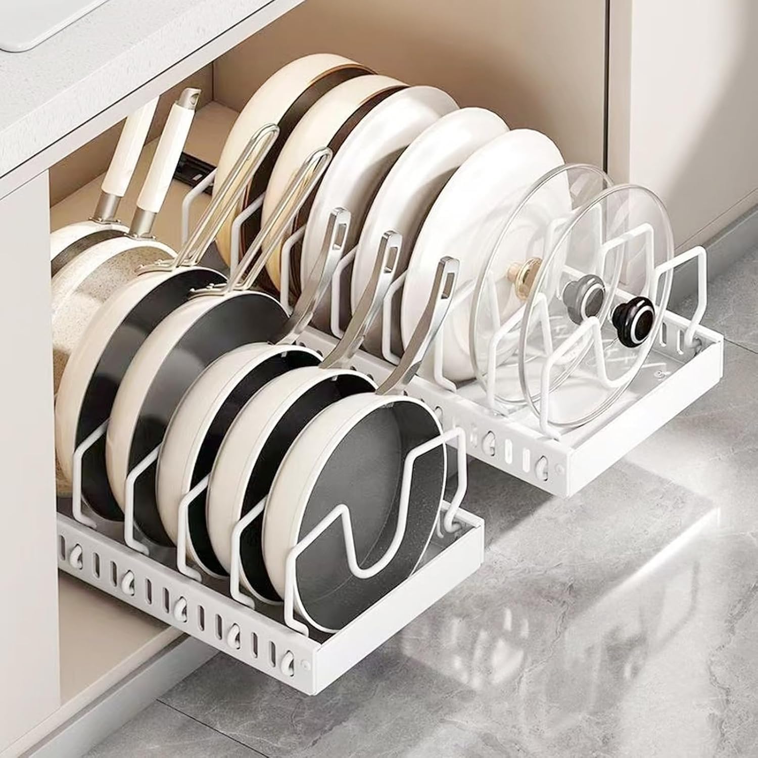 Two-pack pull-out pots and pans organizer rack with durable white metal frame.