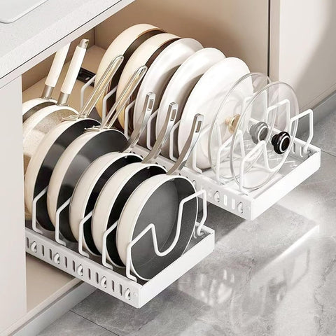 Two-pack pull-out pots and pans organizer rack with durable white metal frame.