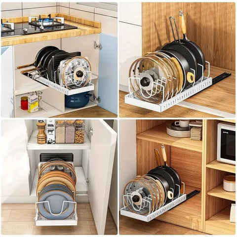 Two-pack pull-out pots and pans organizer rack neatly stores dishes and bakeware.