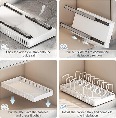 Two-pack pull-out pots and pans organizer rack on countertop for rapid access.