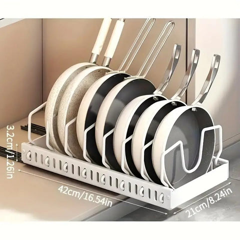 Two-pack pull-out pots and pans organizer rack for lids and bakeware storage.