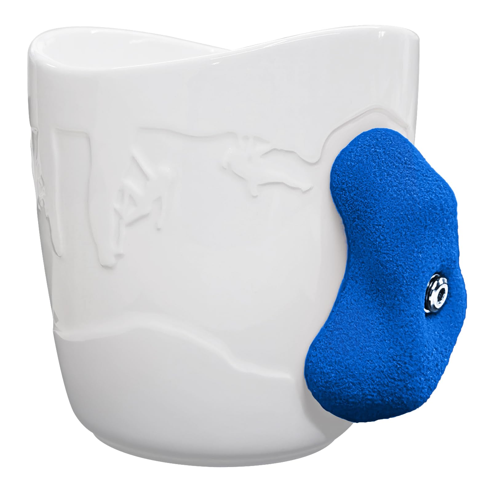 Two Stones rock climbing mug handle close-up shows a real hold for finger training.