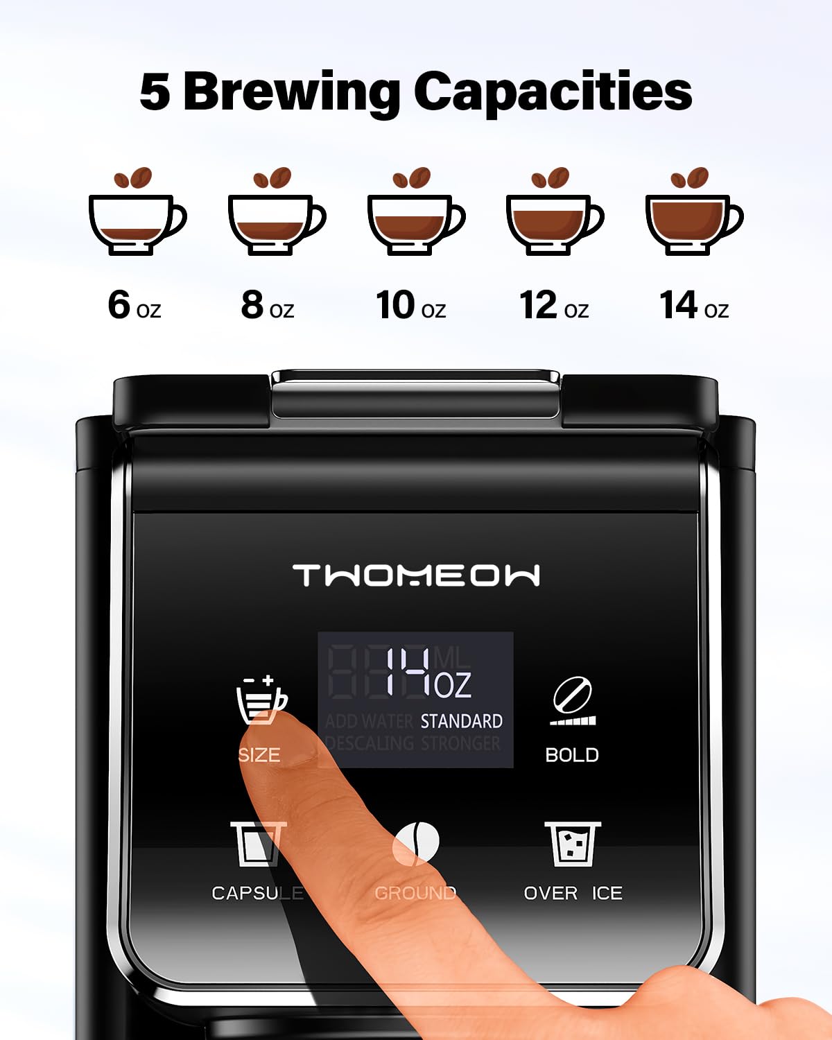 TWOMEOW 3‑in‑1 compatibility with K-Cups, grounds, and tea
