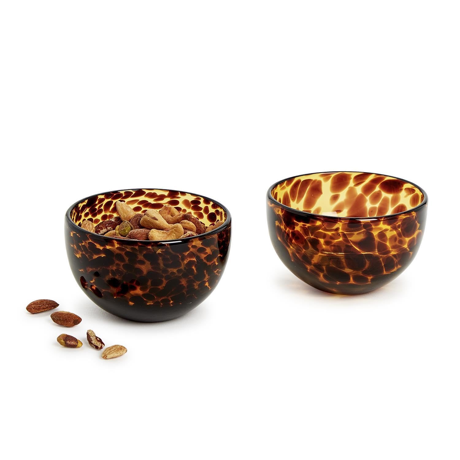 Two's Company tortoise print tidbit bowl paired with snacks and dips for easy serving.