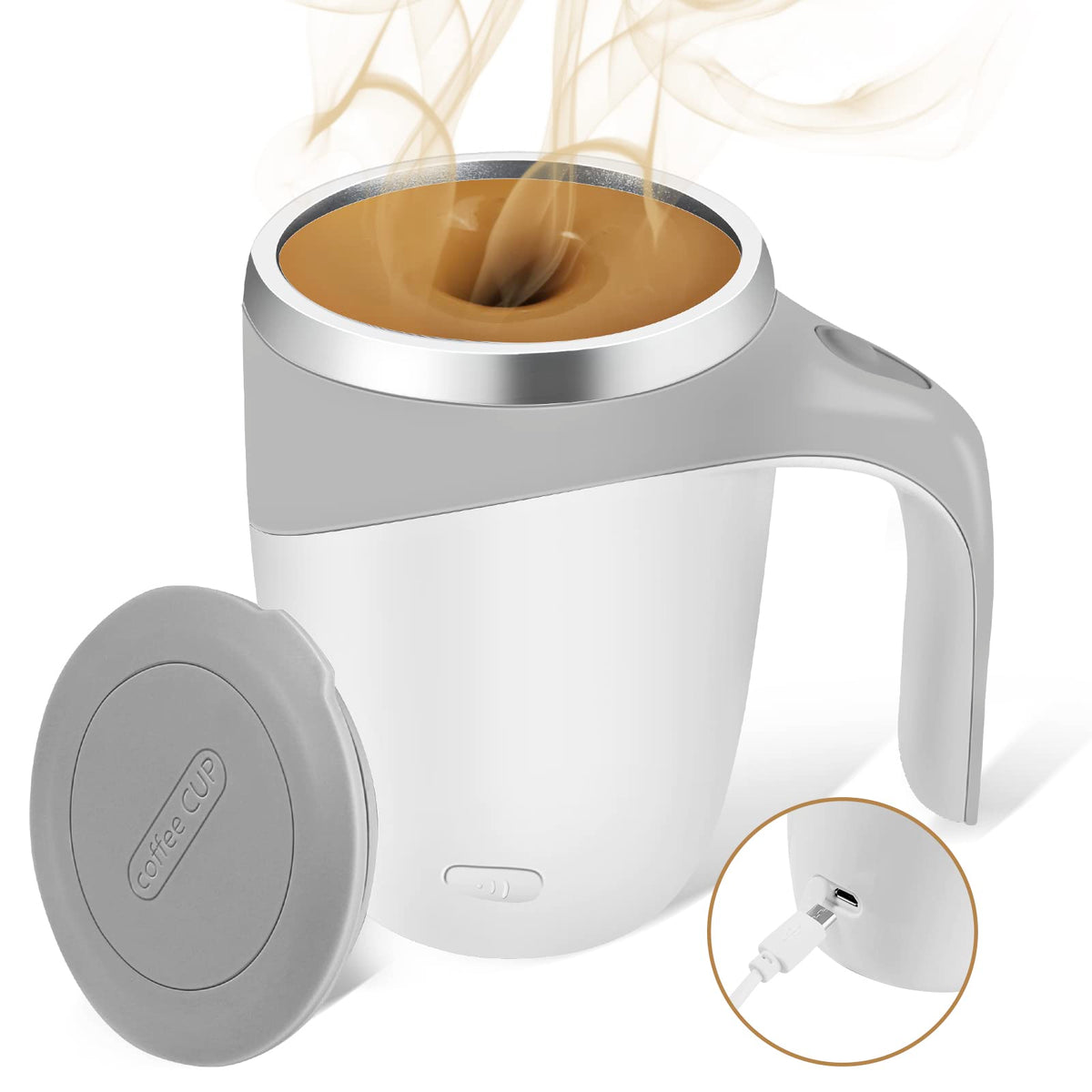 TXLOOK self stirring mug front view showing compact mixer design for easy use