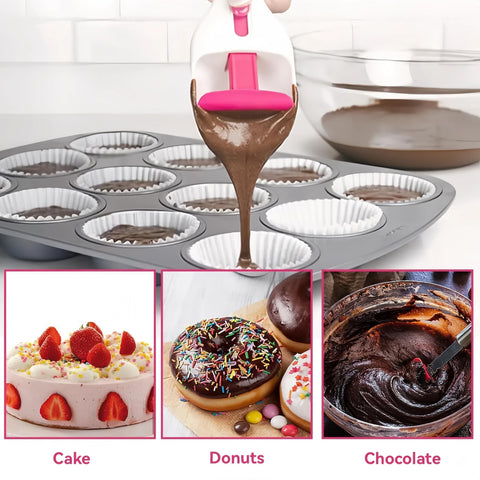 Tydlig Cupcake Scoop Dispenser dispense-action image shows no-drip batter transfer into muffin cups.