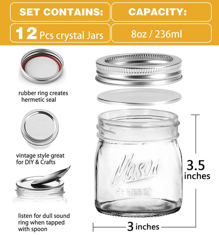 Tynatune 8 oz mason jar with airtight lids highlighting durability and reuse.
