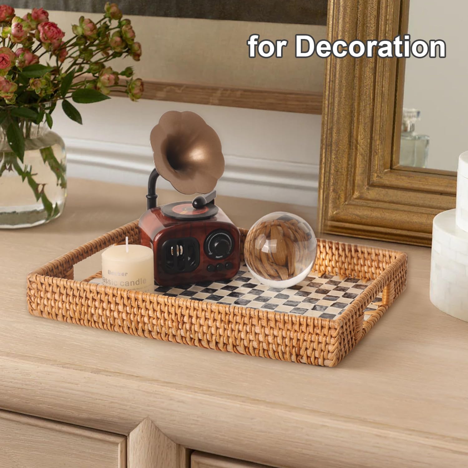 Tynulox decorative tray enhances a coffee table or ottoman