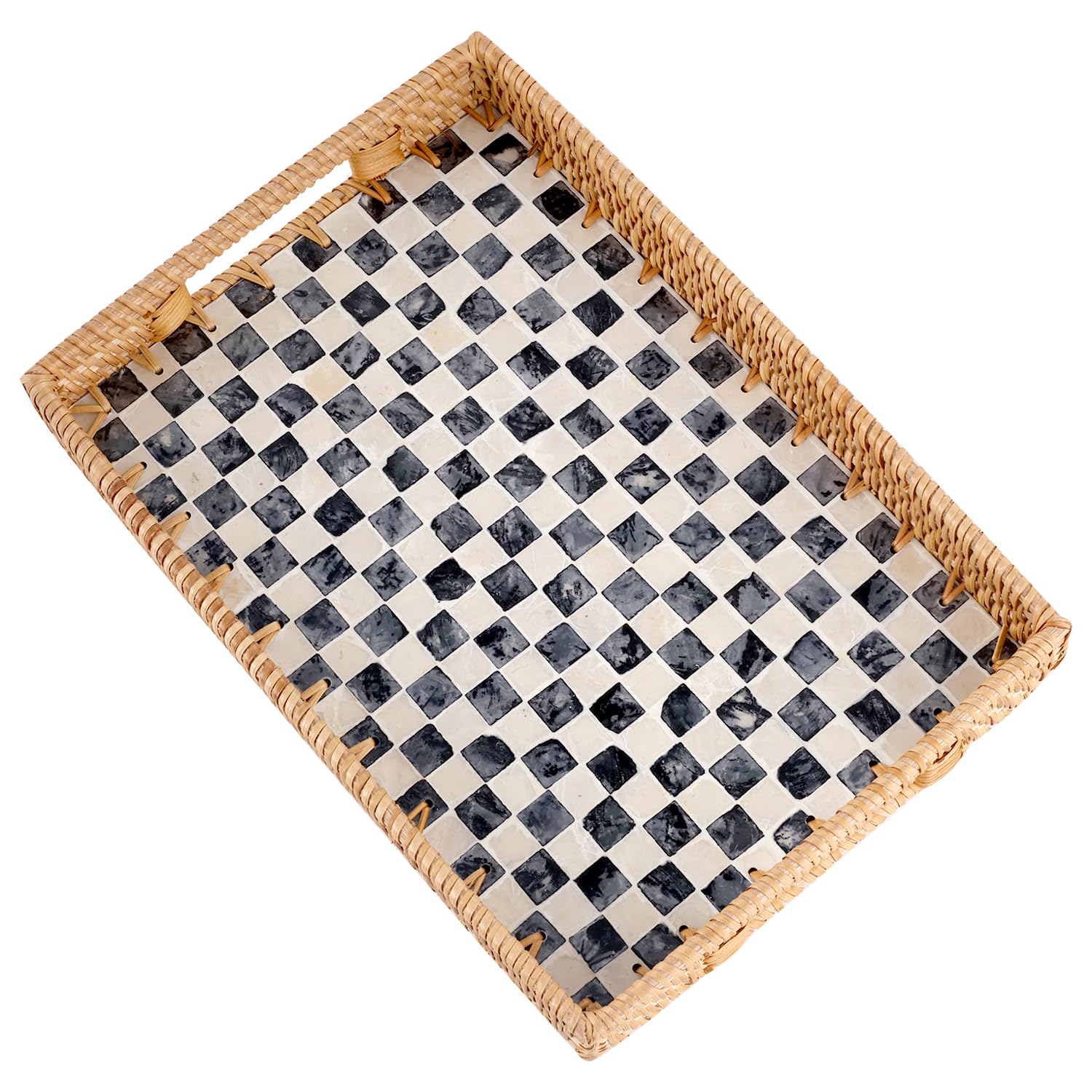 Tynulox rectangle rattan tray with black checkerboard for elegant coffee service