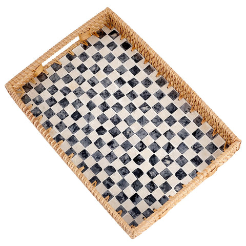 Tynulox rectangle rattan tray with black checkerboard for elegant coffee service