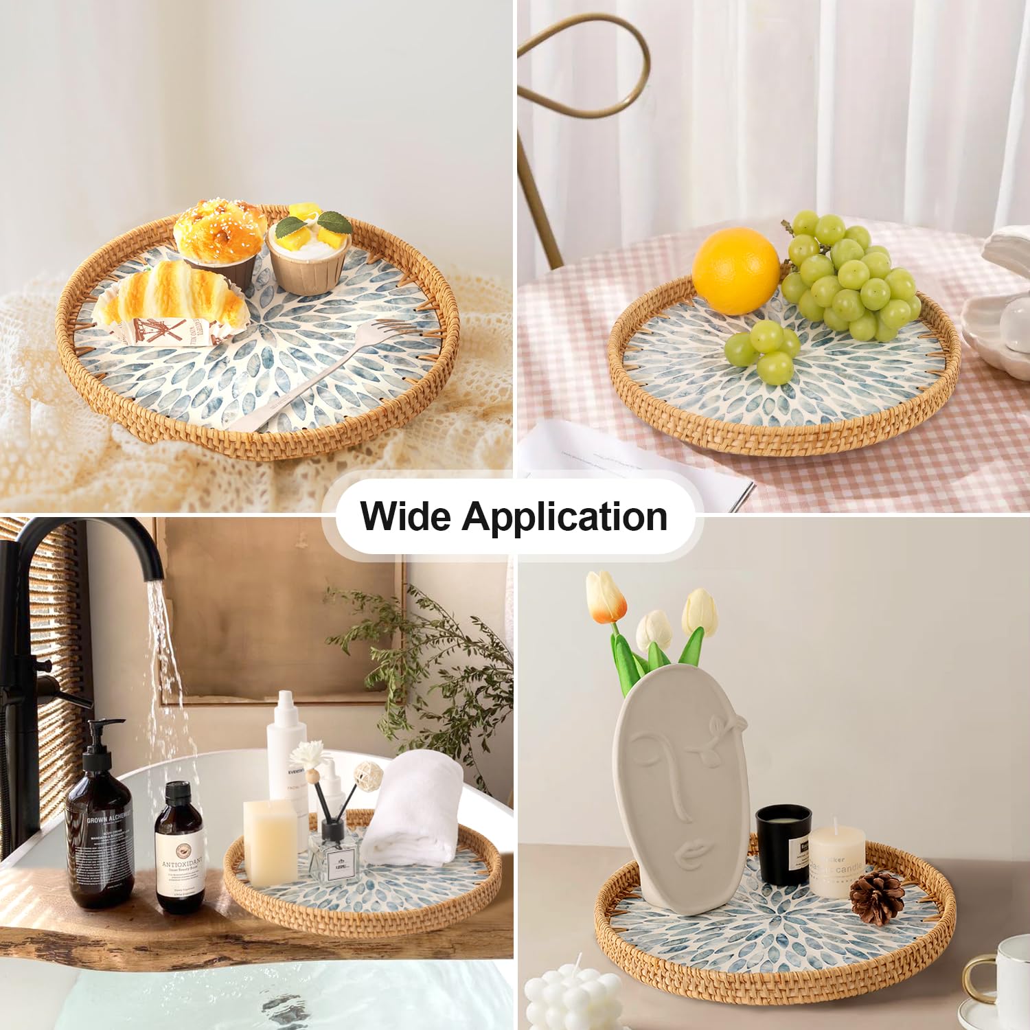 Tynulox round tray with light blue leaf pattern on glossy surface