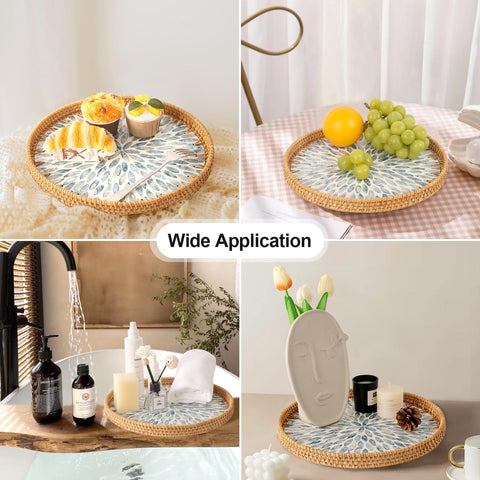 Tynulox round tray with light blue leaf pattern on glossy surface
