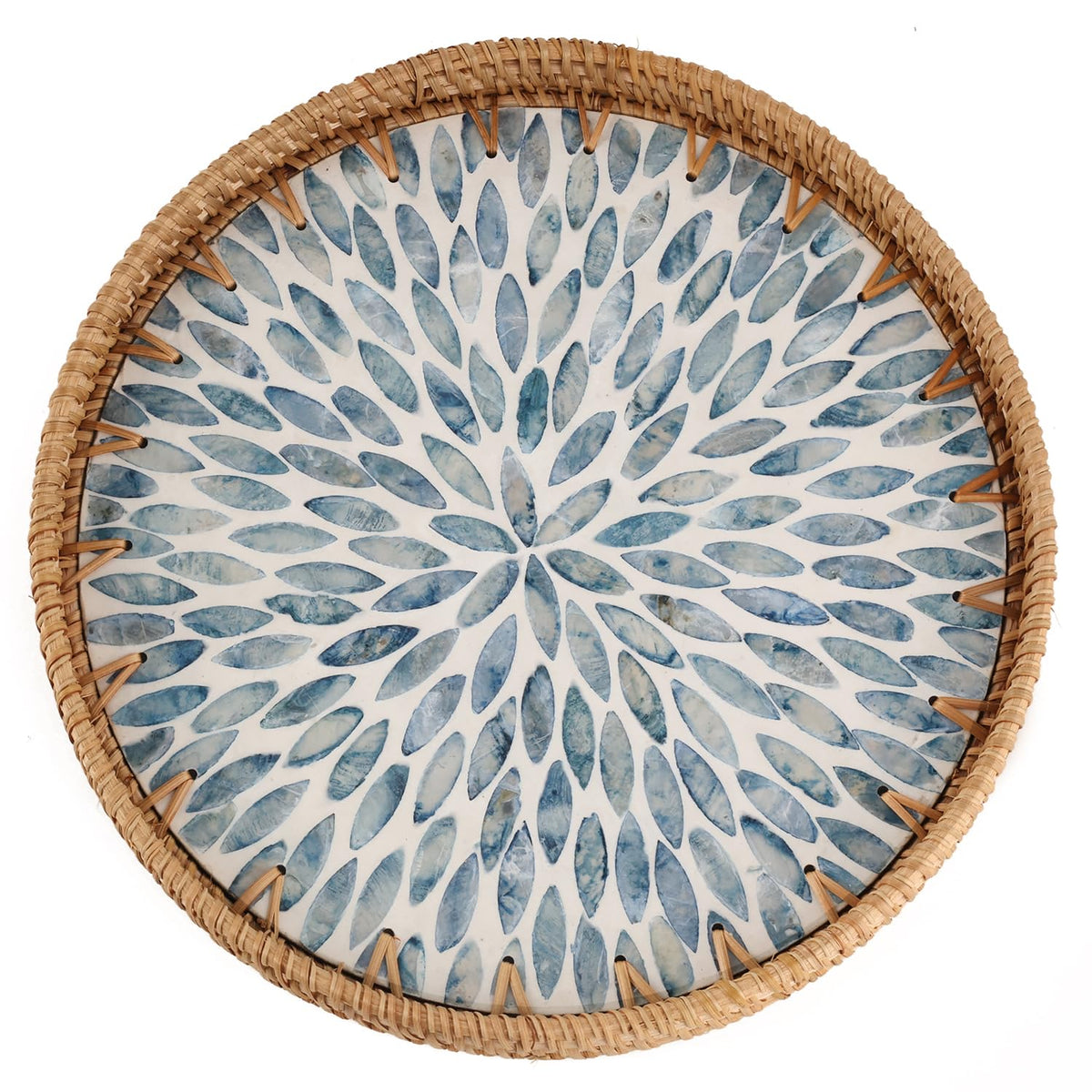 Tynulox round rattan tray with mother of pearl inlay for elegant display