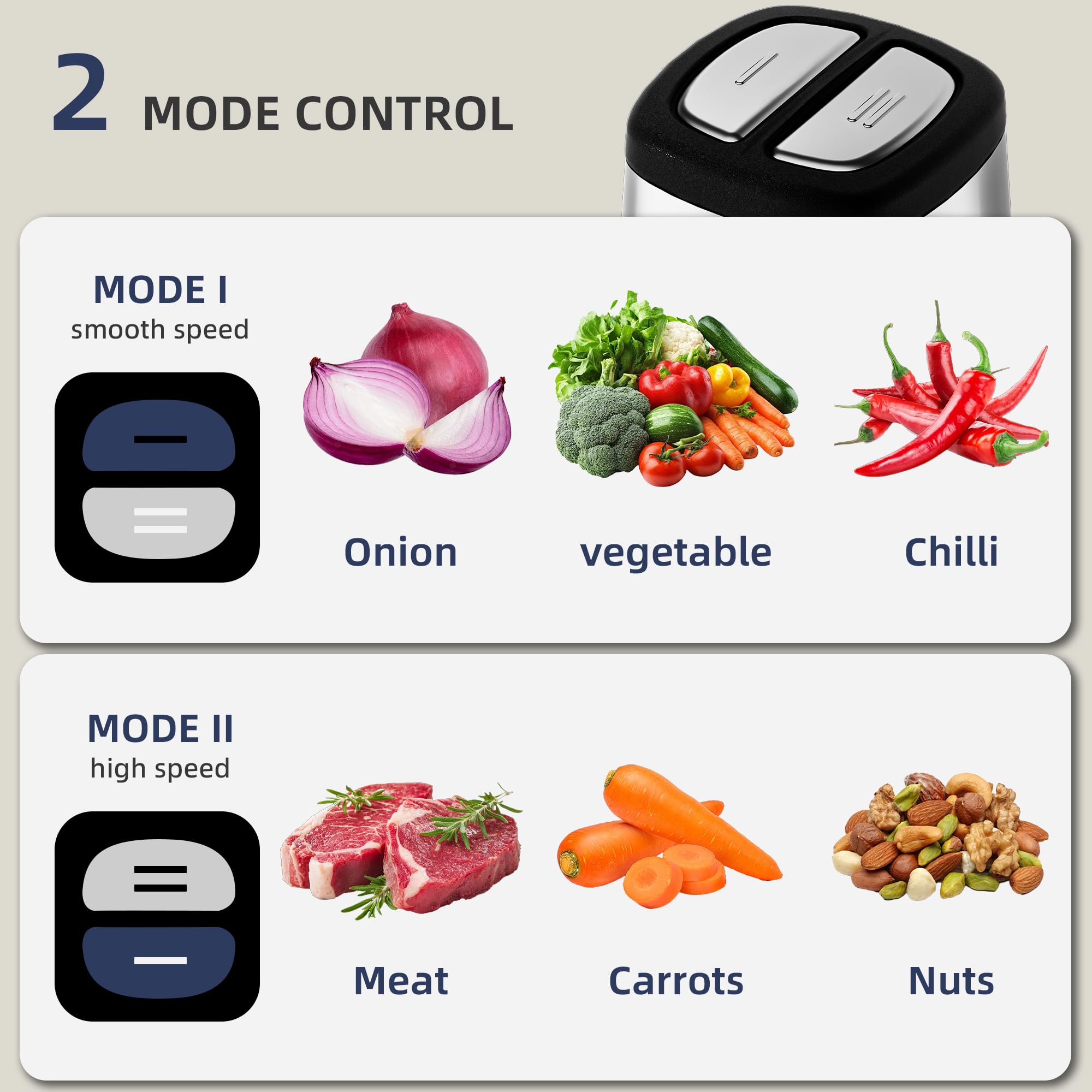 Tyooko dual-speed control for vegetables, fruits, and meats.