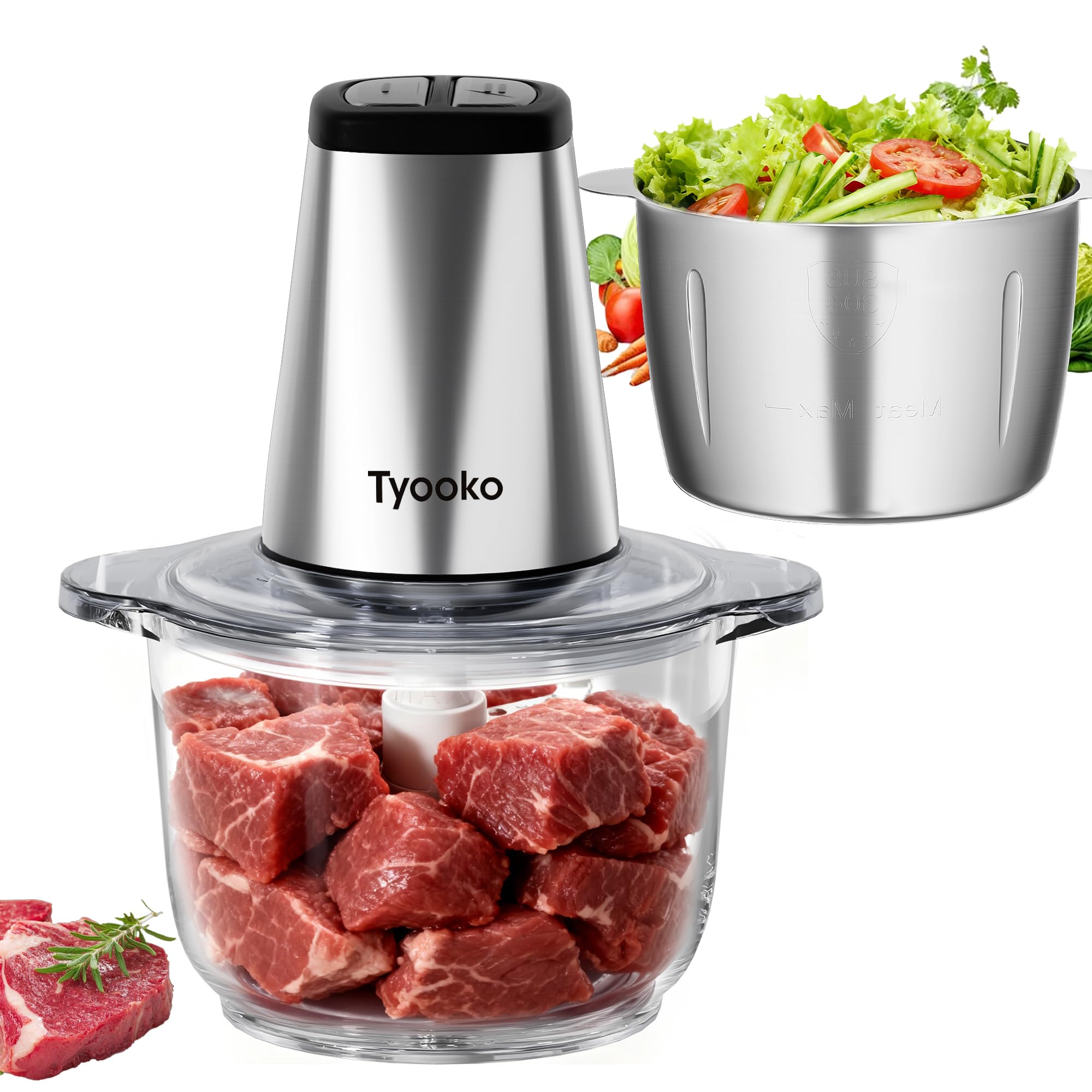 Tyooko electric food processor with blades enabling quick, even chopping.