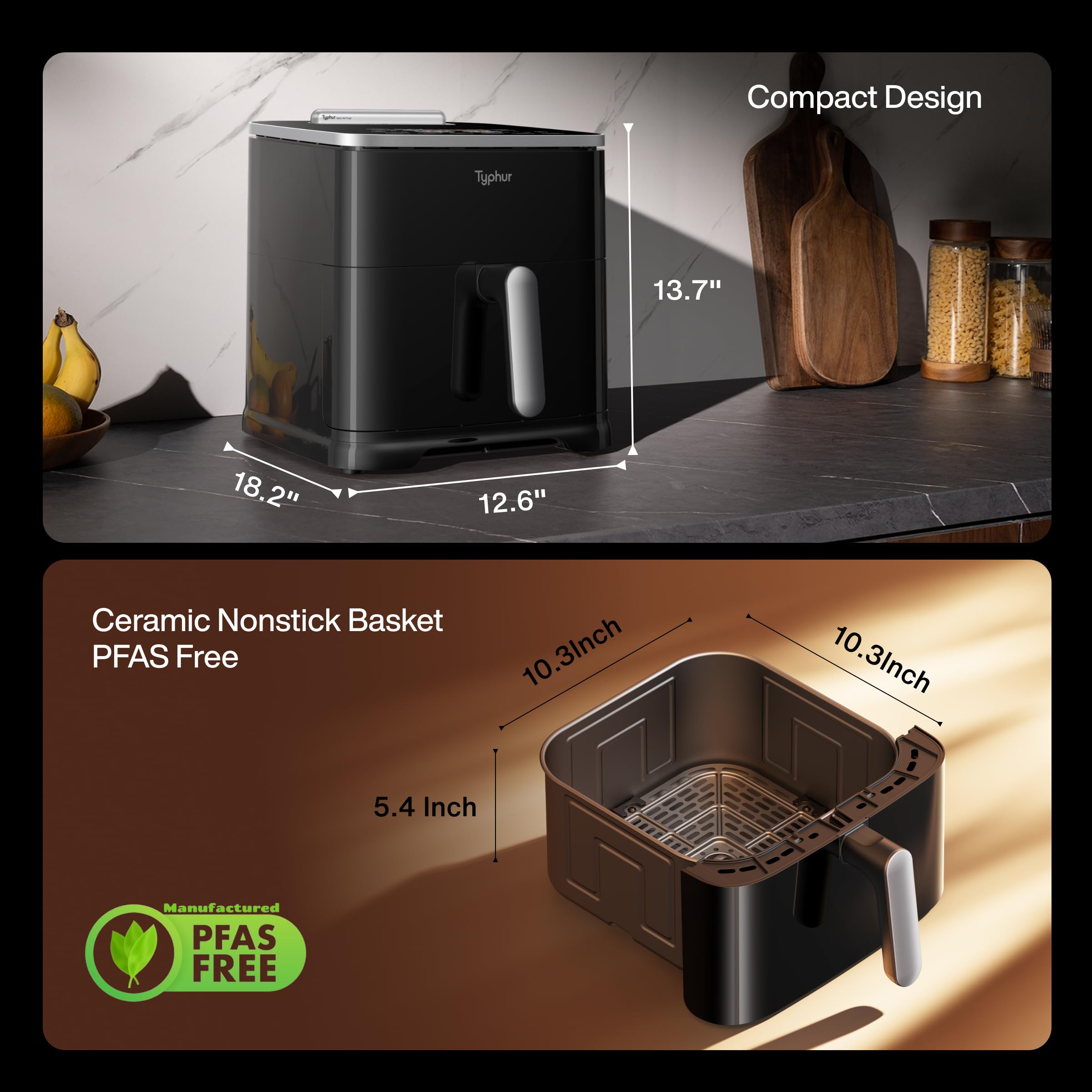 Typhur Sync Air Fryer offers a 10.3 by 10.3 inch cooking area.
