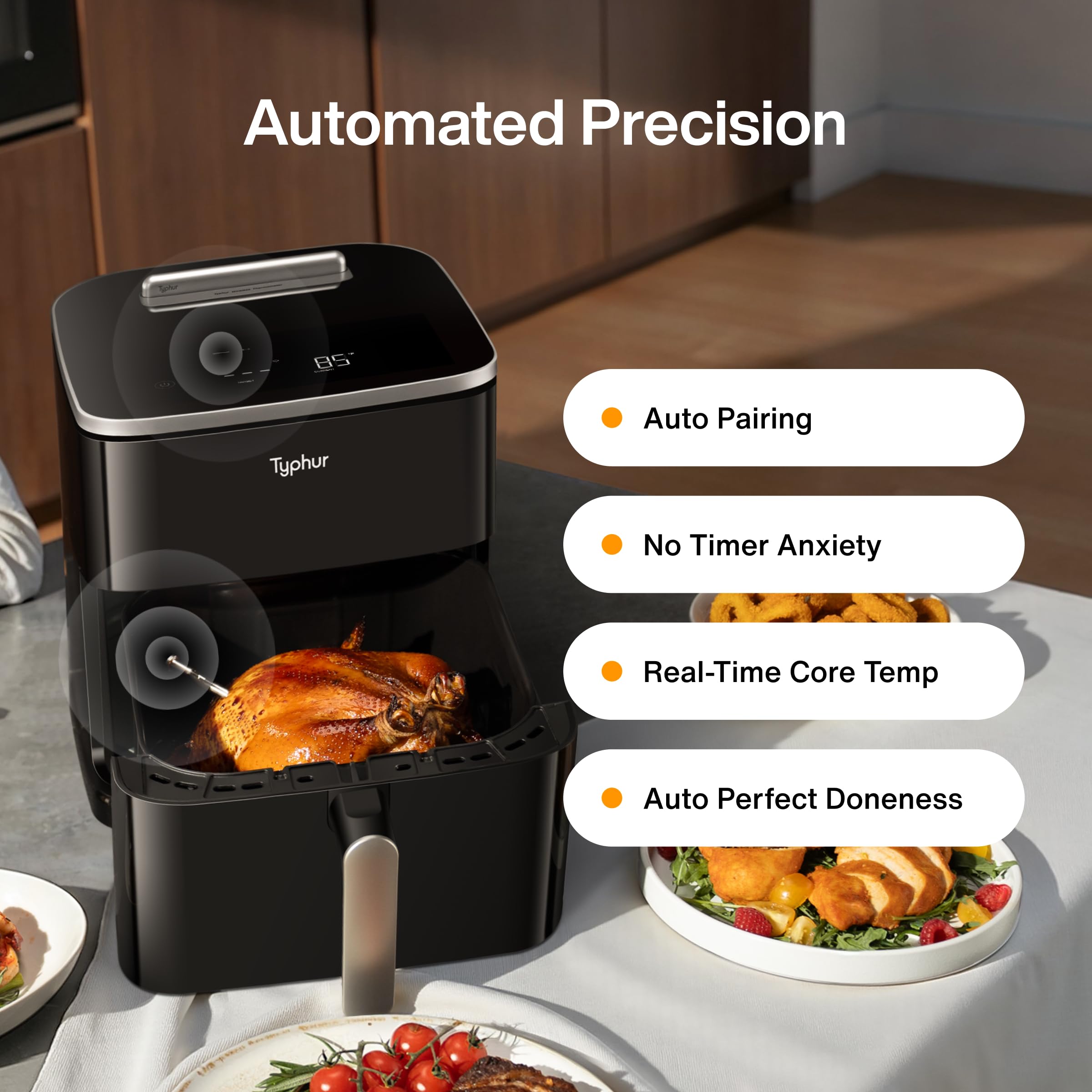 Typhur Sync Air Fryer wireless probe monitors meat in real time.