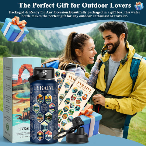 Tyraivl National Parks bottle in camp setting as a rugged outdoor companion