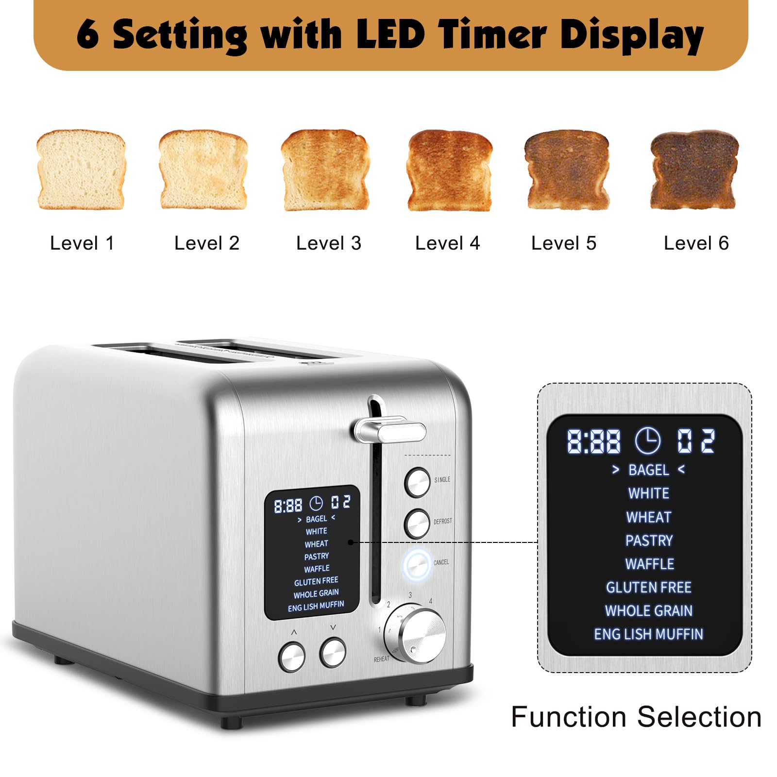 Tyyaefy browning dial displays six levels for customizable crust, from soft to crispy.
