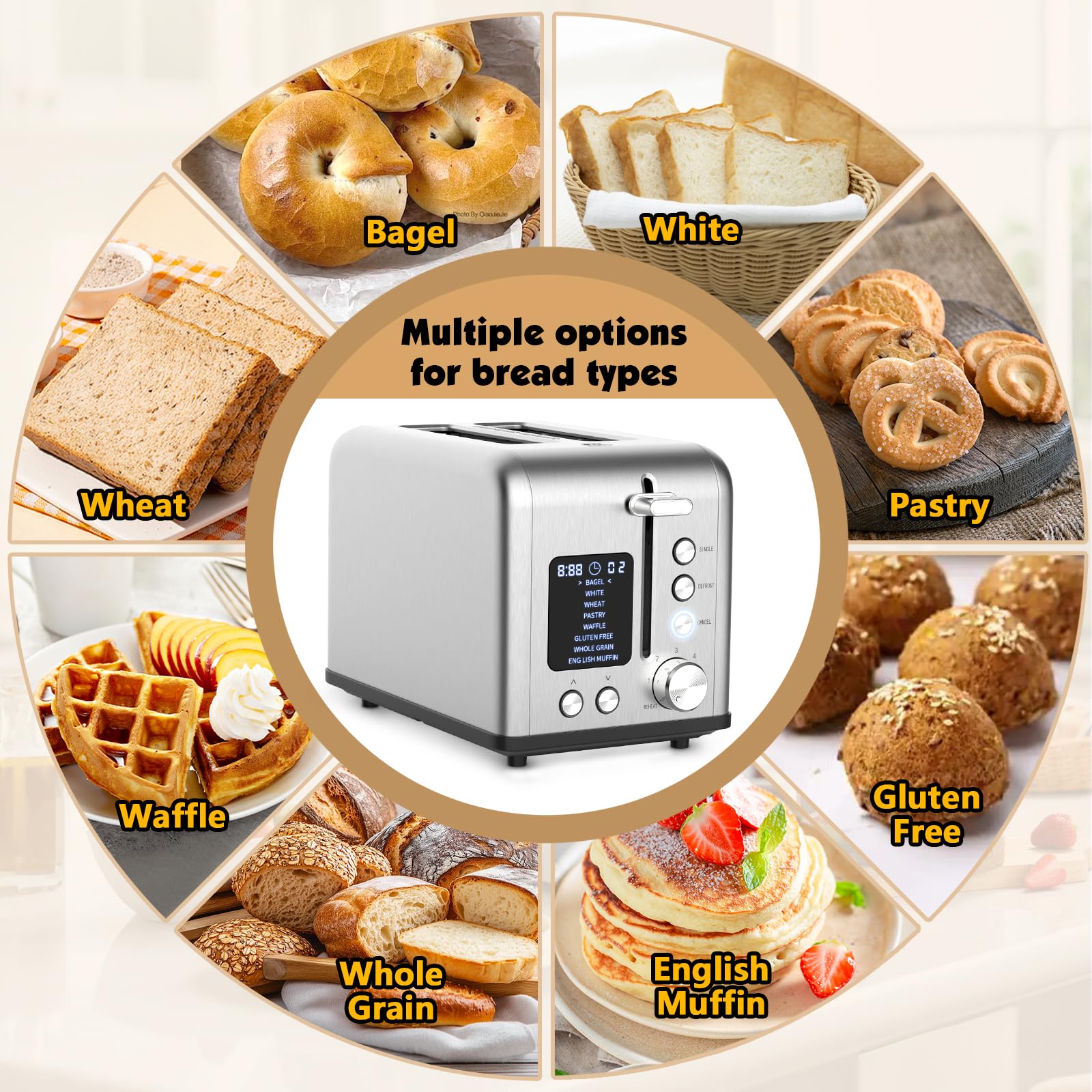 Tyyaefy defrost reheat function with LED countdown helps avoid cold centers and overtoasting.