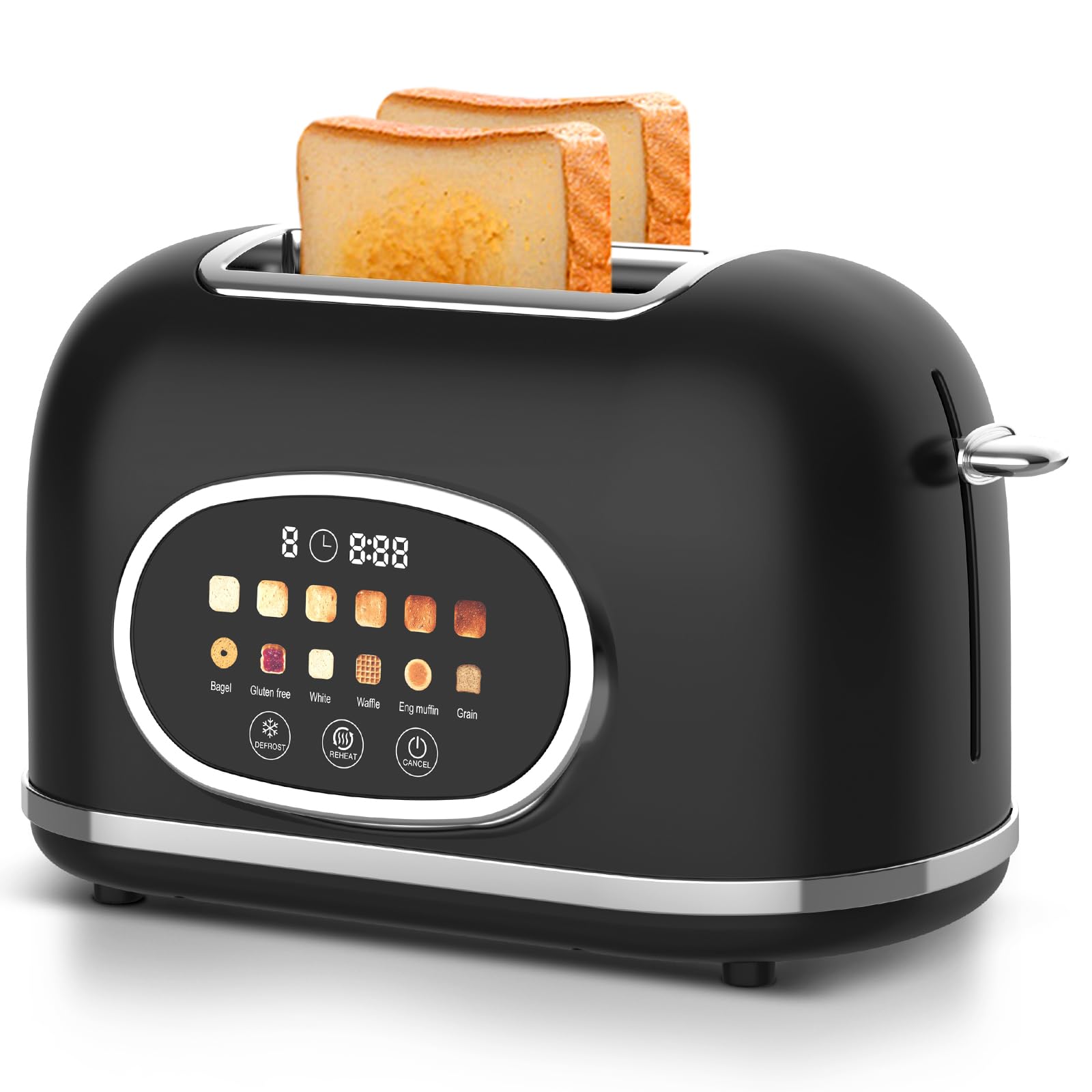 Tyyaefy digital 2-slice toaster front view highlights retro matte black styling for stylish breakfasts.