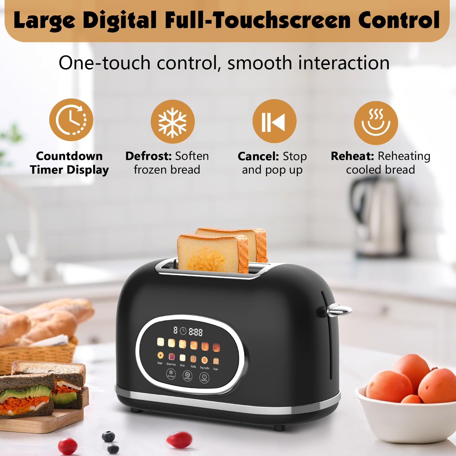 Tyyaefy touch-screen panel shows easy mode selection for quick toasting.