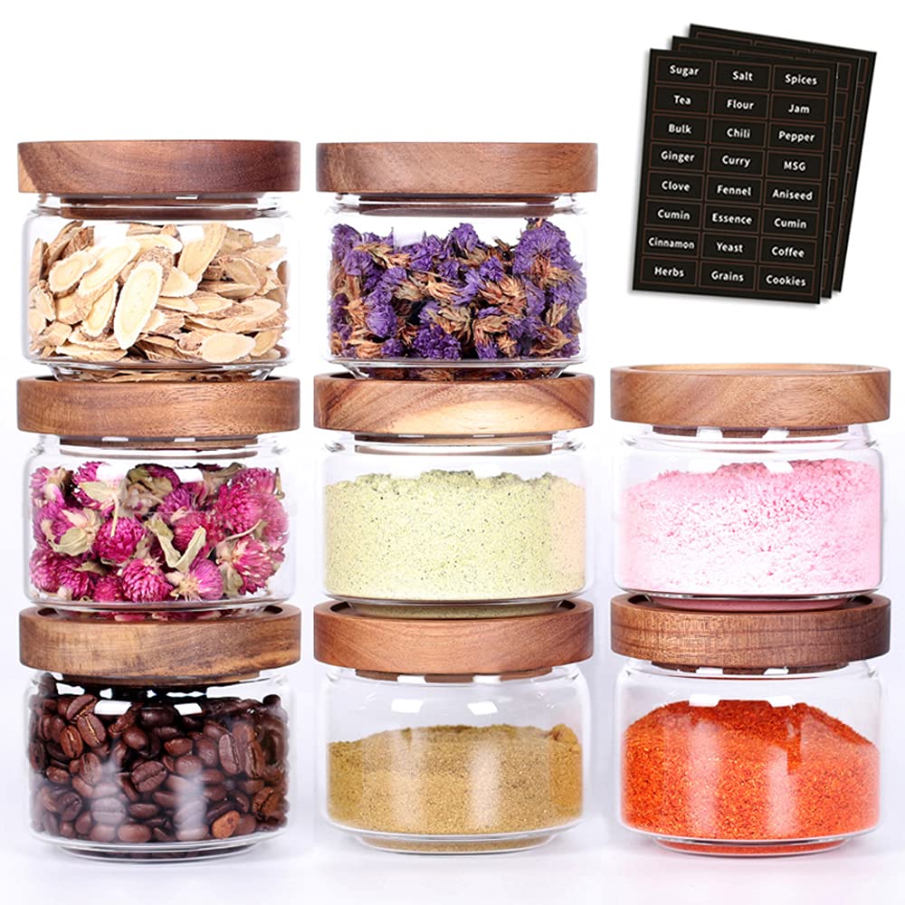 Tzerotone 8pcs spice containers with acacia lids keep pantry organized and stylish.