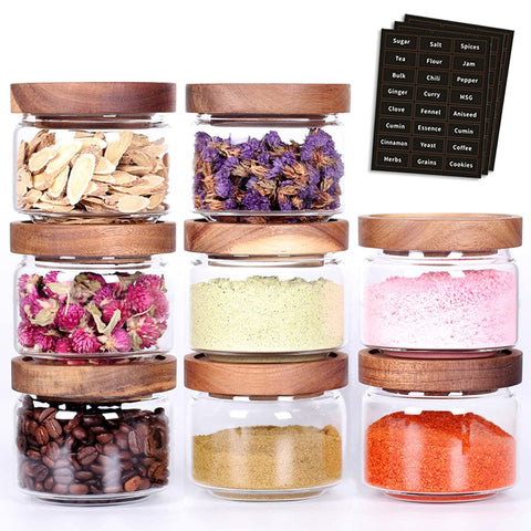 Tzerotone 8pcs spice containers with acacia lids keep pantry organized and stylish.