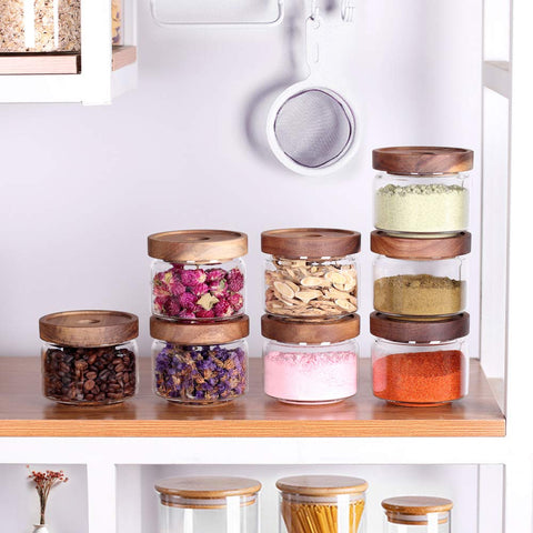 Tzerotone stackable glass jars with labels simplify meal prep and spice access.
