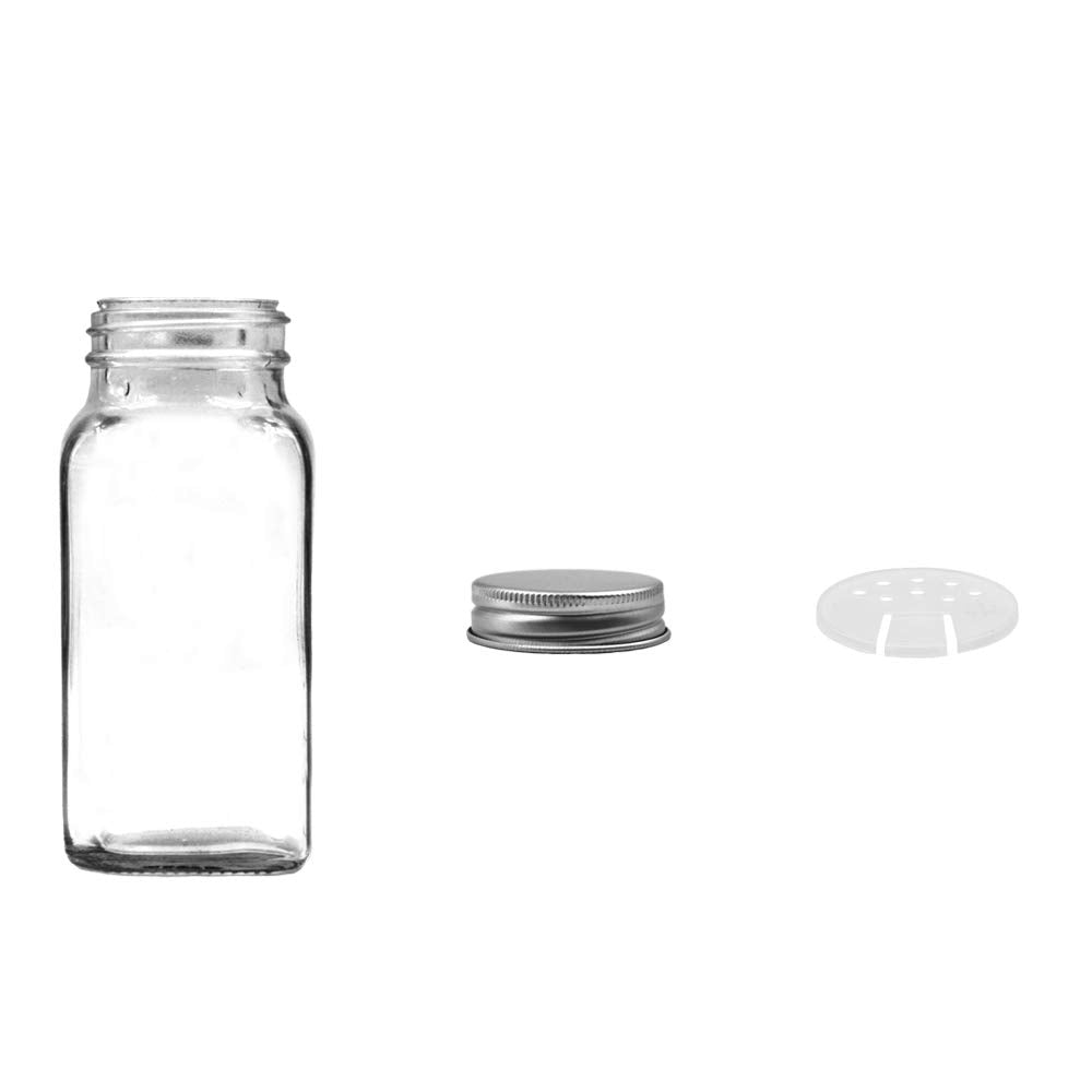 Silver metal shaker lids ensure tight seals and mess-free dispensing.