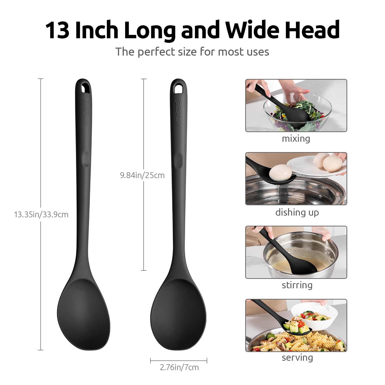 U-Taste 13.3in long silicone spoon reaching deep pots safely.