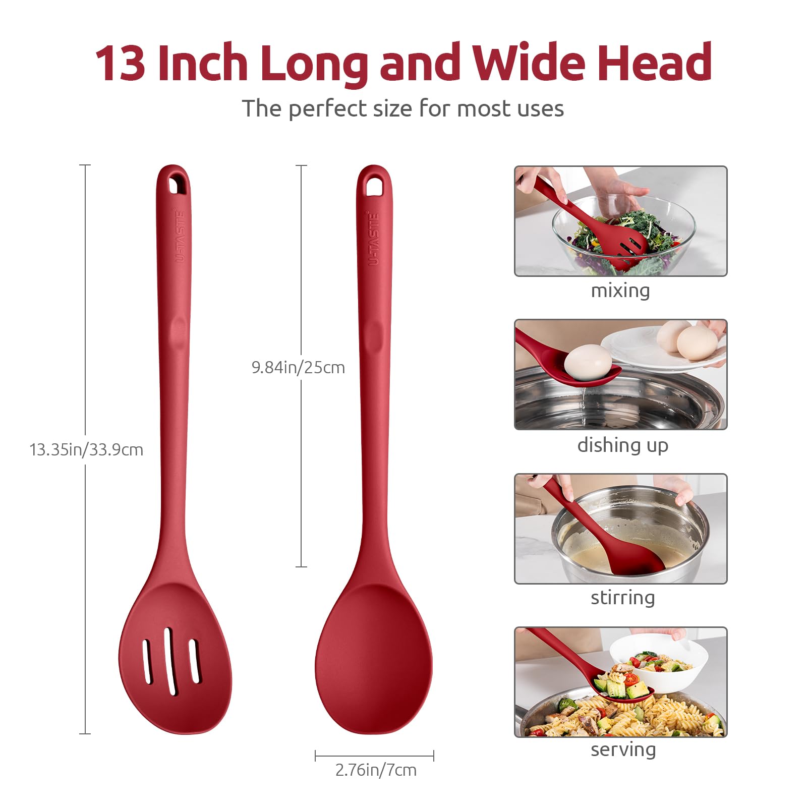 U-Taste 600f silicone spoon with slotted head for draining liquids.