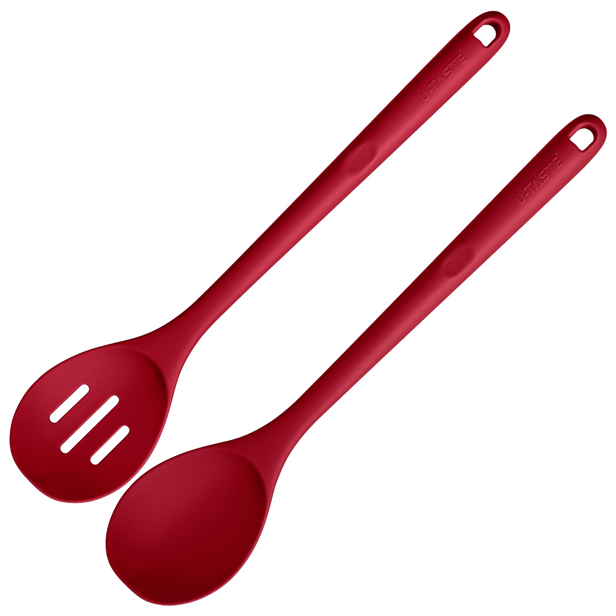 U-Taste 600f heat-resistant silicone spoon with solid head for safe high heat stirring.