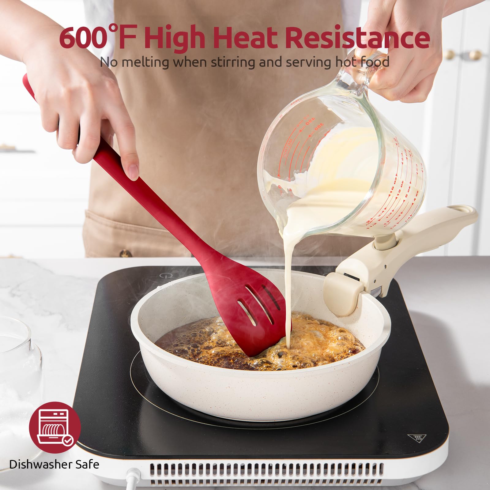U-Taste long integrated design spoon keeps hands away from heat during prep.