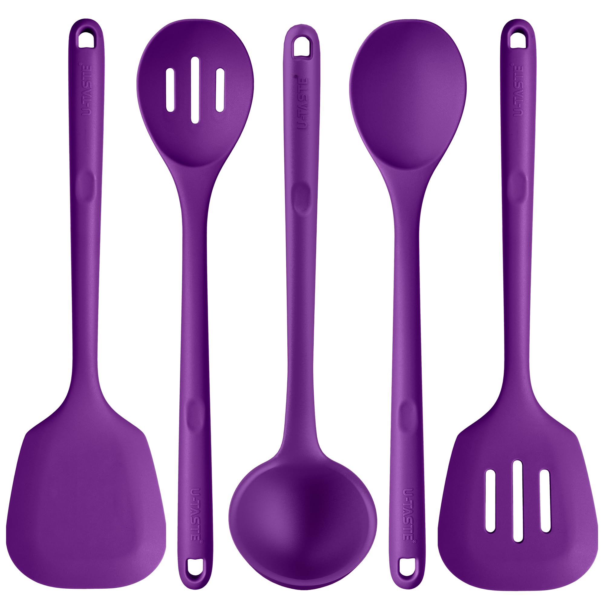 U-Taste silicone spatula in purple protecting non-stick pans during flipping