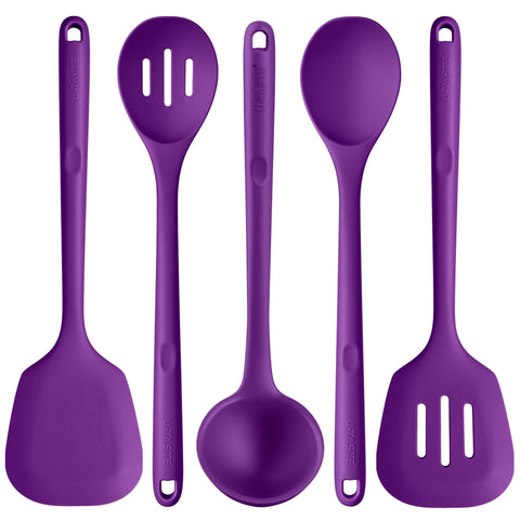 U-Taste silicone spatula in purple protecting non-stick pans during flipping