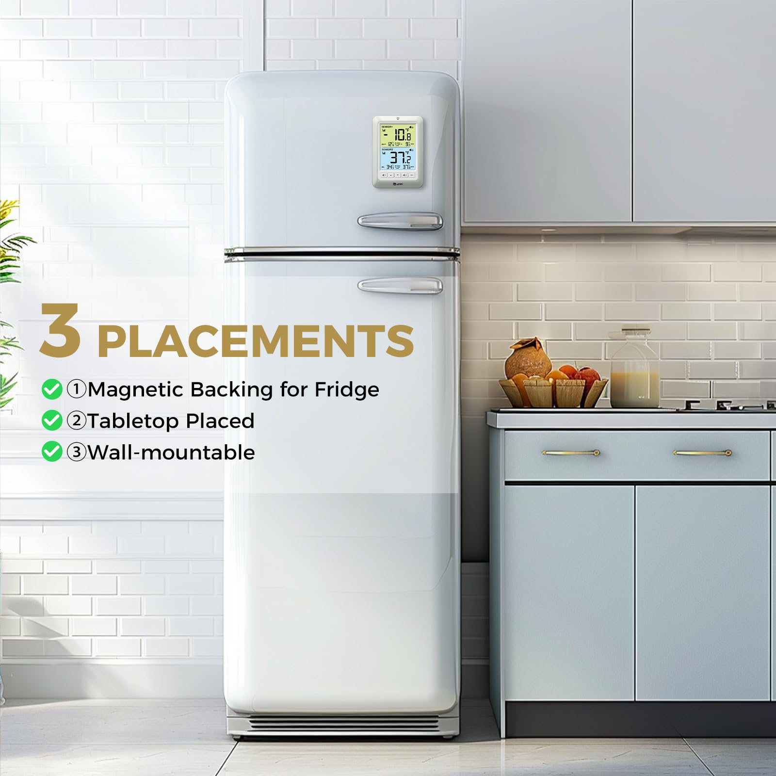U UNNI dual-sensor thermometer provides fridge and freezer data for accurate monitoring.