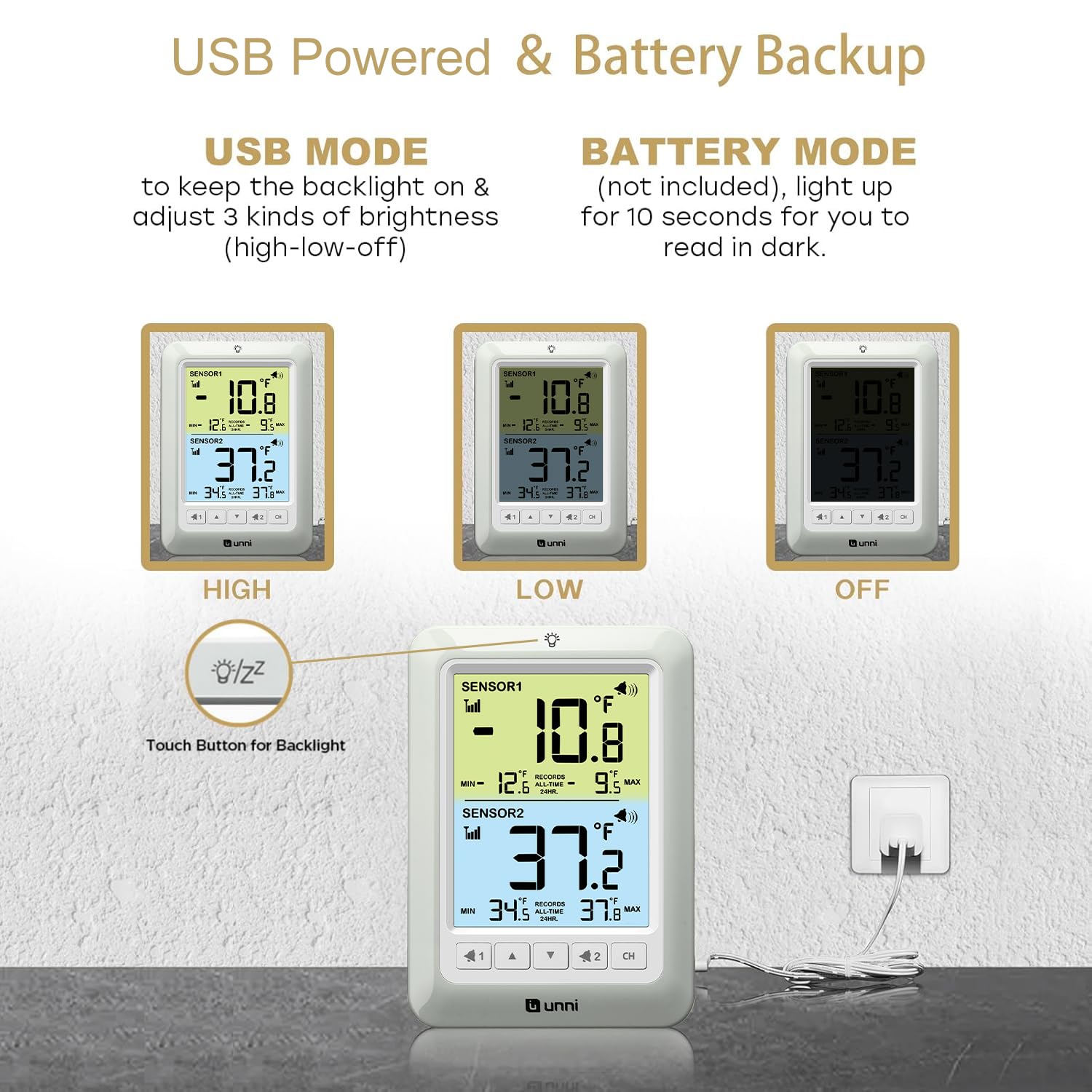 U UNNI thermometer powered by USB or battery with a bright 4.5 inch display.