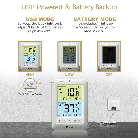 U UNNI thermometer powered by USB or battery with a bright 4.5 inch display.