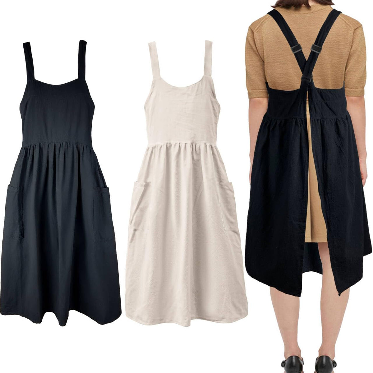 Uaussi cotton linen cross-back apron with wide straps for easy wear.